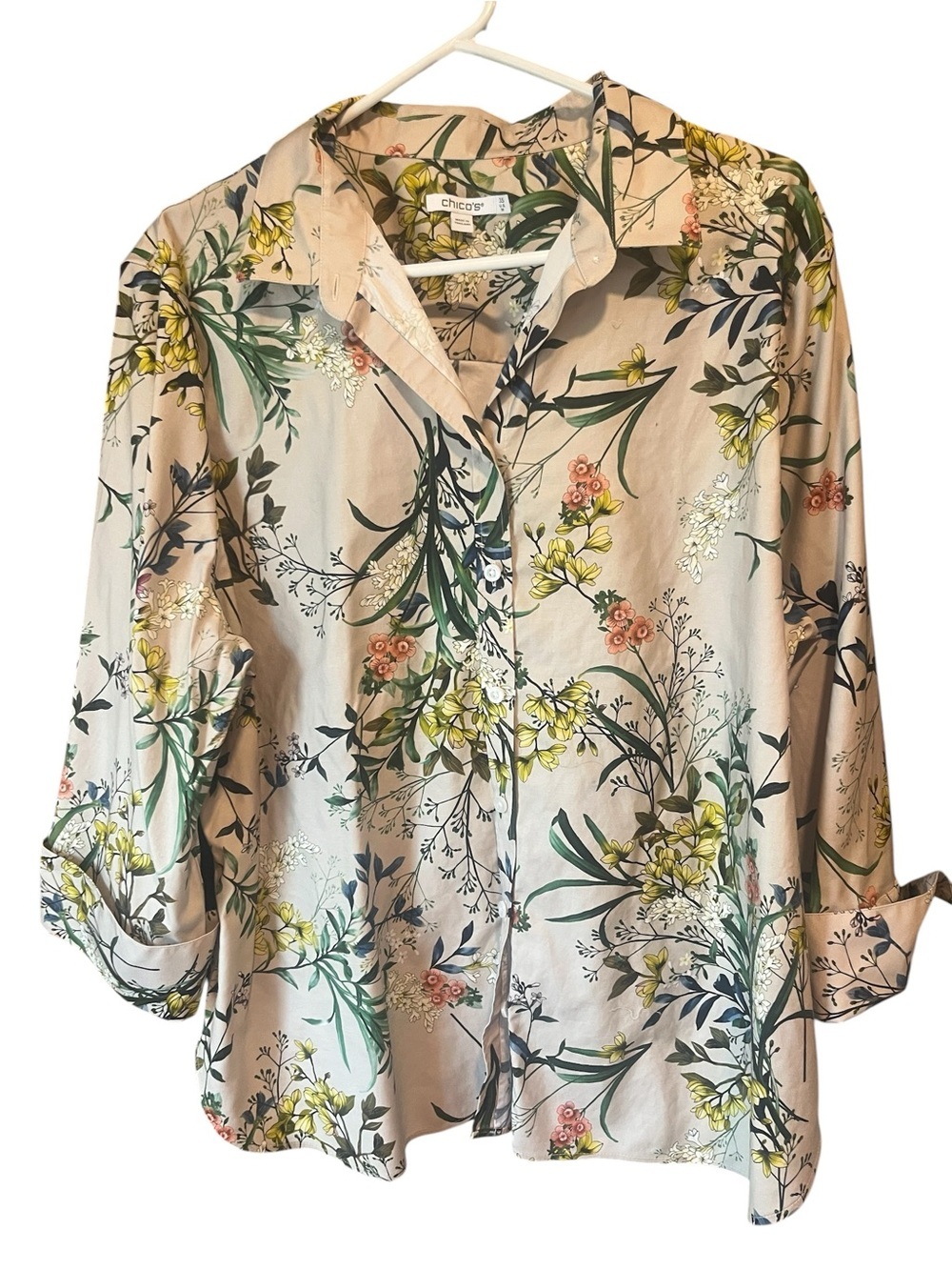 Chico's Beige Floral Button-Front Blouse with Yellow & Green Print